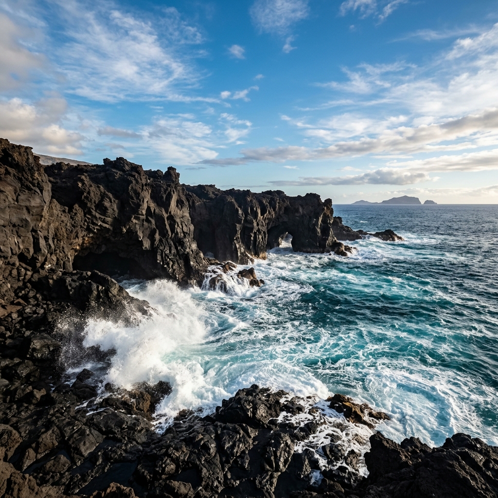 Costa volcánica atlántica con acantilados de lava negra, Islas Canarias