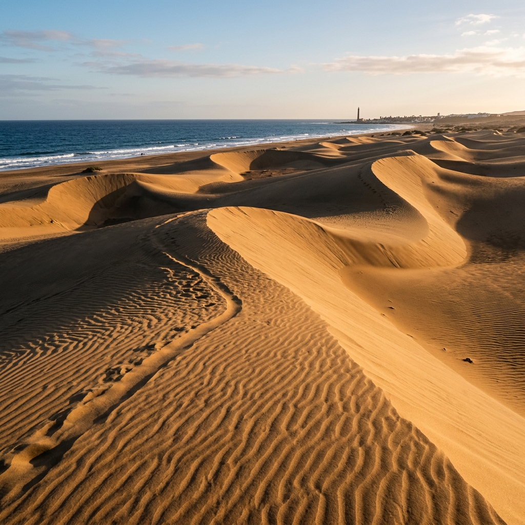 Dunas doradas de Maspalomas frente al océano, Gran Canaria