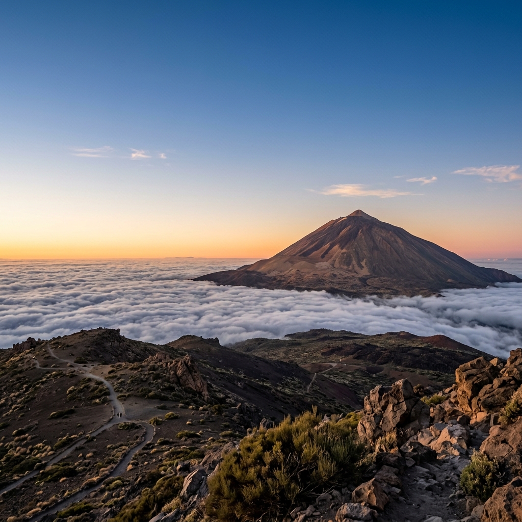 El Teide al atardecer sobre un mar de nubes, Tenerife